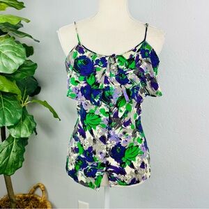 Elle Green Purple Floral Spaghetti Strap Cami Button Ruffle Top